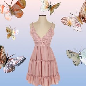 Women Casual Summer V Neck Lace Ruffles Stretchy Swing Cocktail Dress